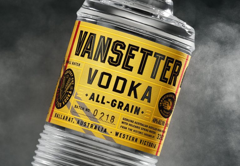 Vansetter Grain Vodka branding, packaging, custom glass bottle, label design, and illustration