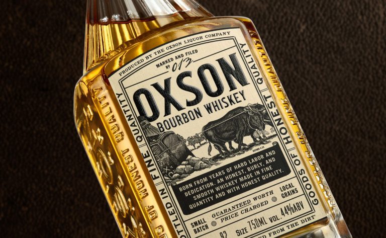 Custom glass bottle design, branding, packaging, and illustration for Bourbon Whiskey. Vintage western style, square bottle, and southern slogans.