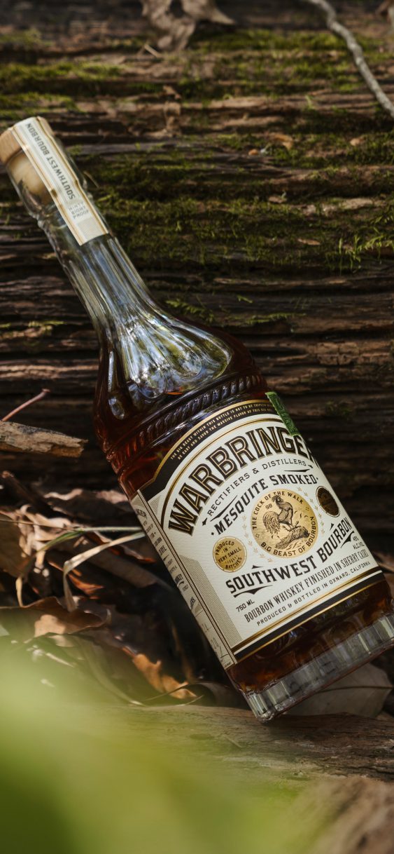 Branding, packaging, and label design for California Smoked Bourbon whiskey. Woodcut illustration, copywriting, and gold foil label design.
